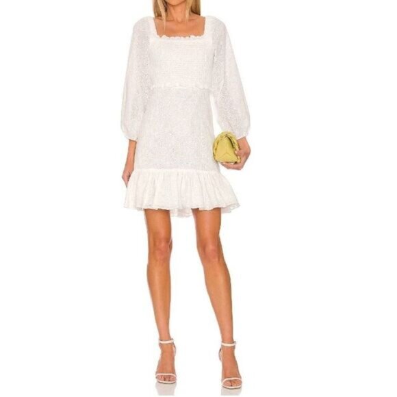 Veronica Beard Revolve Denise Smocked Long Sleeve Eyelet Mini Dress Off White 4 - Picture 1 of 14